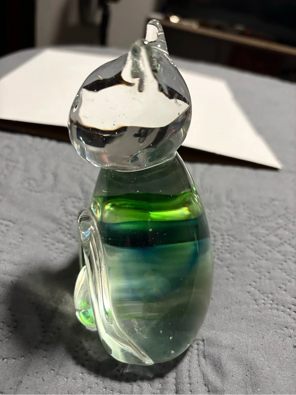 Clear Glass Cat Figurine with Green and Blue Swirl - Brand Unbranded